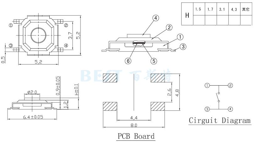 輕觸開關TS-1187參考圖紙 輕觸開關TS-1187參考圖紙